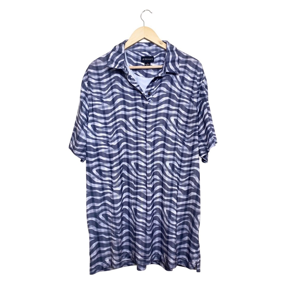 Chase 54 Mens XL Blue White Abstract Zebra Print Performance‎ Golf Polo Shirt